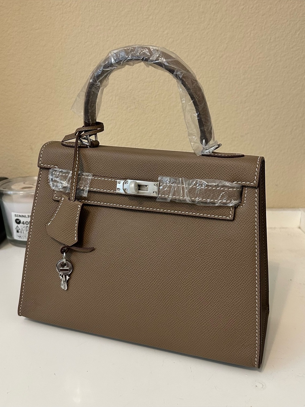 25cm Etaupe Epsom Leather Top-Handle Satchel KL Style